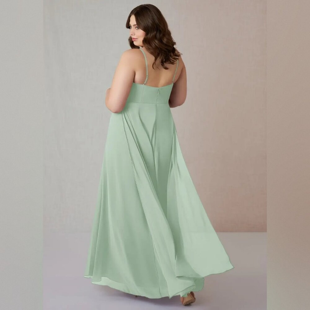 NWT Azazie Emerald A-Line Ruffled Chiffon Dress in Agave - Picture 2 of 15